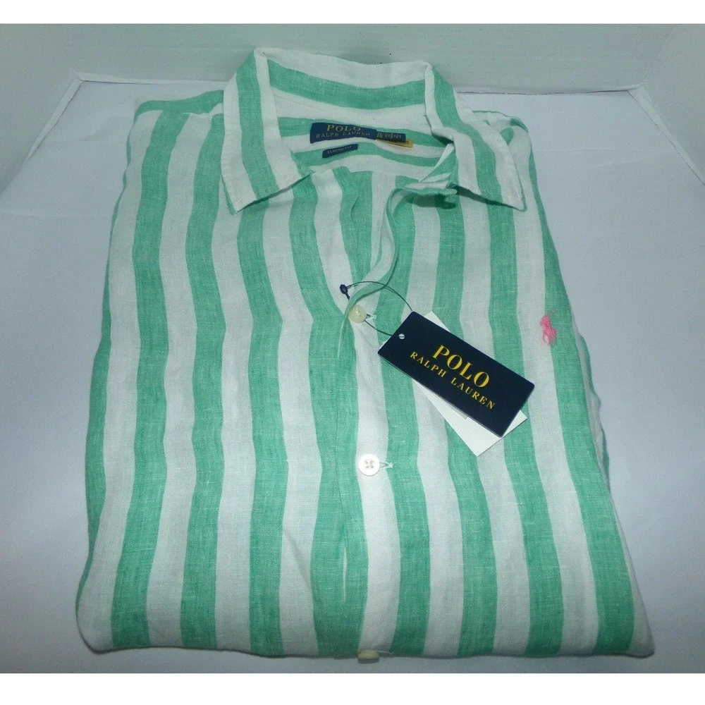 Polo Ralph Lauren Mens XL Linen Striped Short Sleeve Button Up Shirt Green White